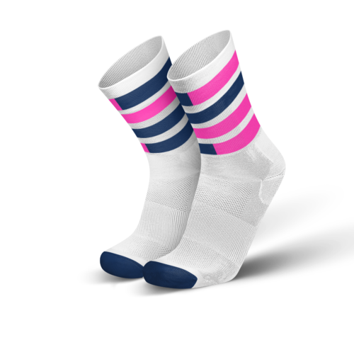 Incylence triatlonsokker. Hvit med mørkeblå og rosa striper