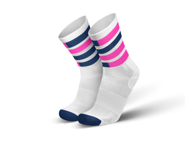 Incylence triatlonsokker. Hvit med mørkeblå og rosa striper