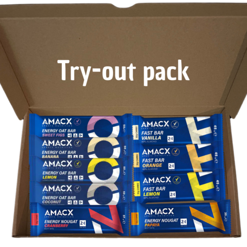 amacx try out 9 pk energy barer (1 stk av hver smak oatbar, fastbar & energy nougat)